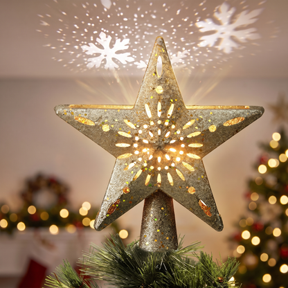 Gold Star Christmas Tree Topper with Snowflake Projector – 26cm – close-up of the gold glitter star
