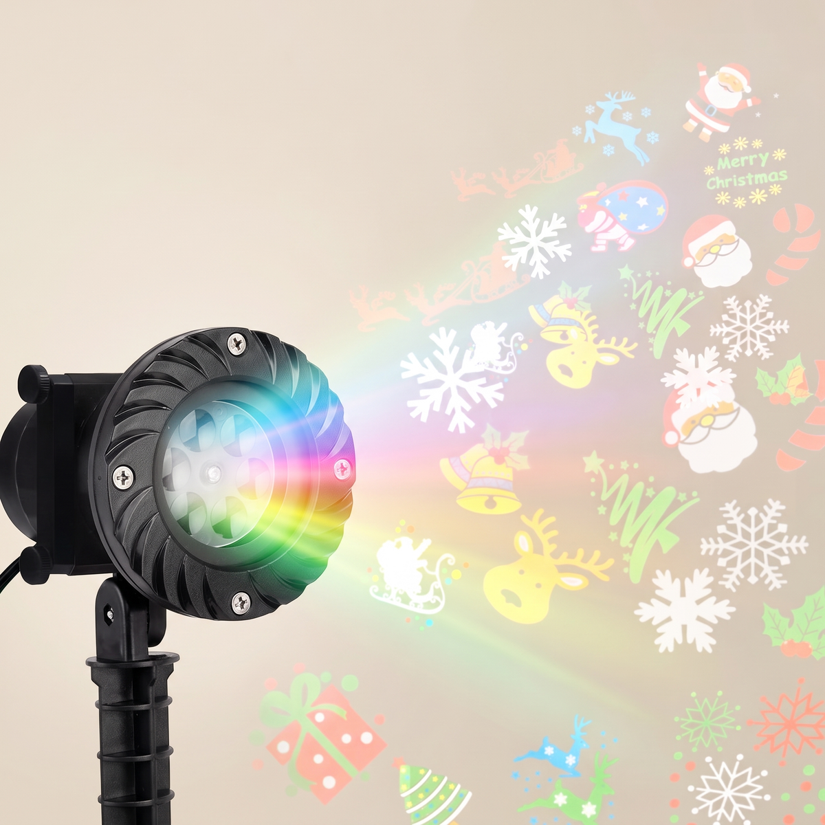 Multicolour Christmas Projector Light – 12 Festive Designs – studio view with ground spike and adapter