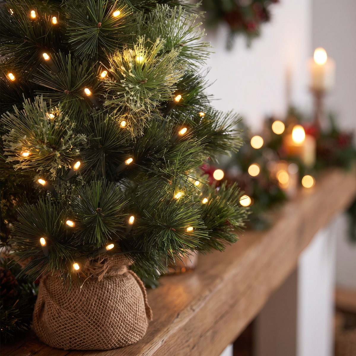 Pre-Lit Mini Christmas Tree with Linen Base – 60cm, 50 LED – close-up of the LEDs and branch tips