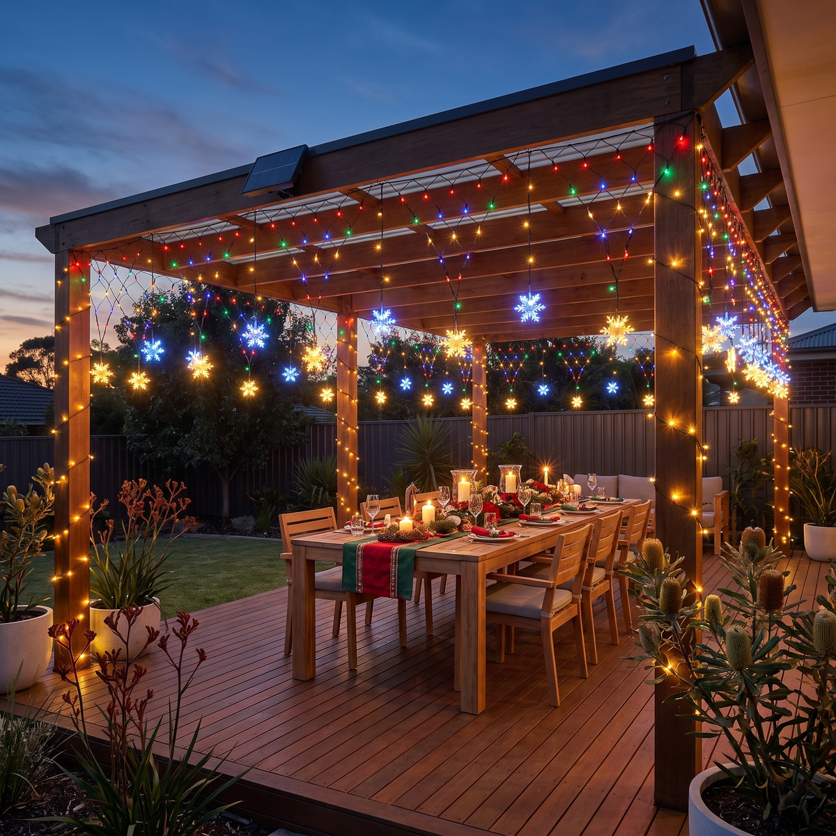 Multicolour Solar Snowflake Net Christmas Lights – 4m, 100 LED – hanging across a timber pergola at dusk