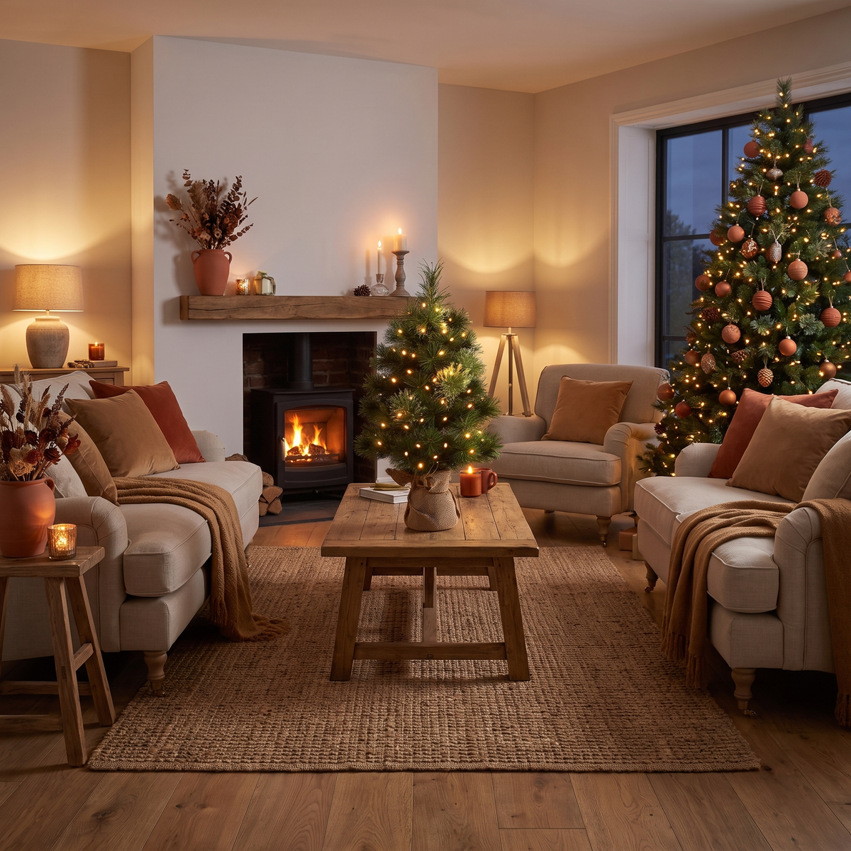 Pre-Lit Mini Christmas Tree with Linen Base – 60cm, 50 LED – glowing in a styled living room at evening