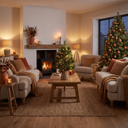 Pre-Lit Mini Christmas Tree with Linen Base – 60cm, 50 LED – glowing in a styled living room at evening
