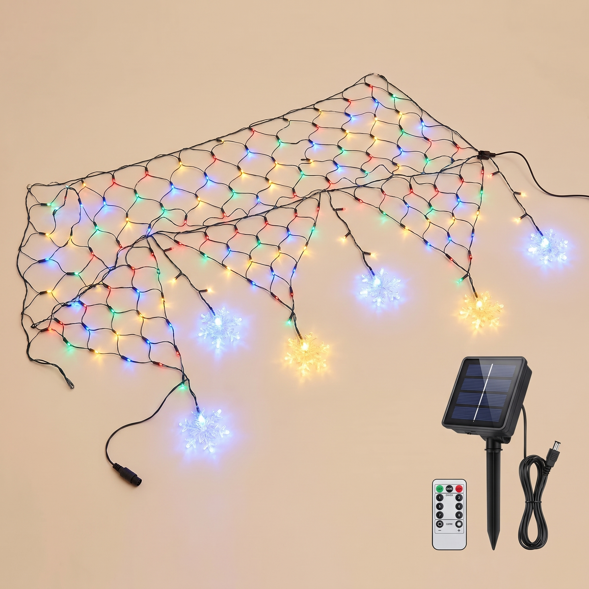 Multicolour Solar Snowflake Net Christmas Lights – 4m, 100 LED – studio view