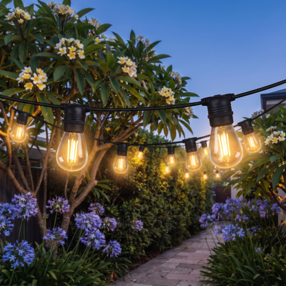 Warm White LED Festoon Christmas String Lights – 14m, 10 Bulbs – close-up of the glowing bulbs