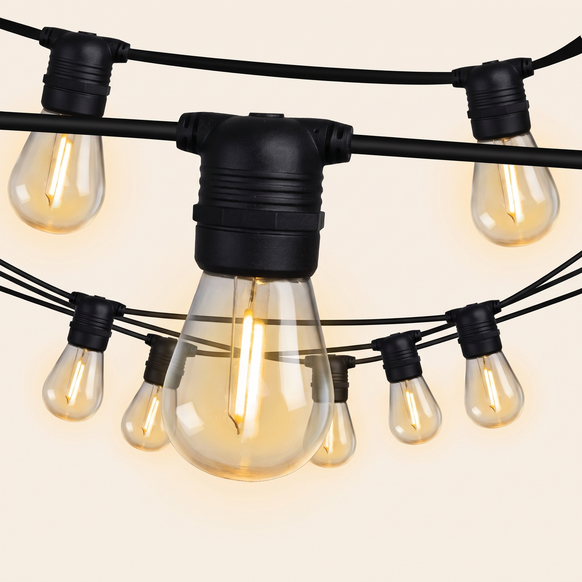 Warm White LED Festoon Christmas String Lights – 14m, 10 Bulbs – studio view