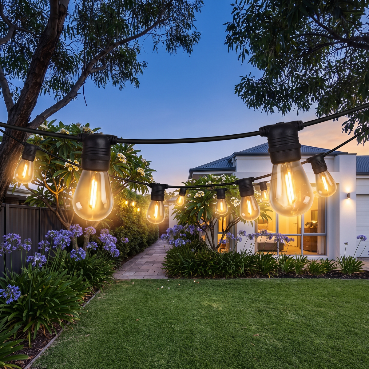Warm White LED Festoon Christmas String Lights – 14m, 10 Bulbs – glowing in a front garden at dusk