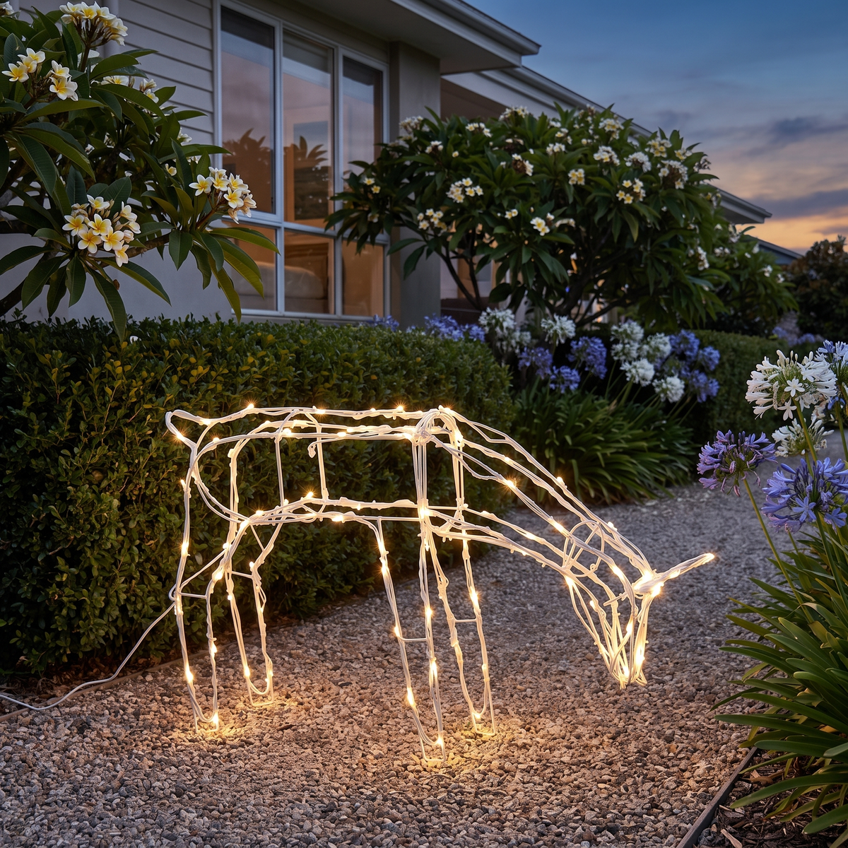 Solar LED Standing Reindeer Christmas Decoration – 60cm – glowing along a coastal garden path at twilight