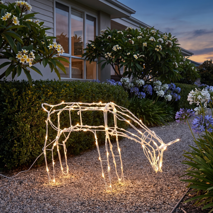 Solar LED Standing Reindeer Christmas Decoration – 60cm – glowing along a coastal garden path at twilight