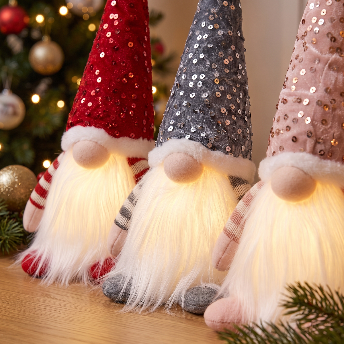 Light-Up Christmas Gnome Decorations – 30cm, Set of 3 – close-up of the sequin hats and faux-fur beards