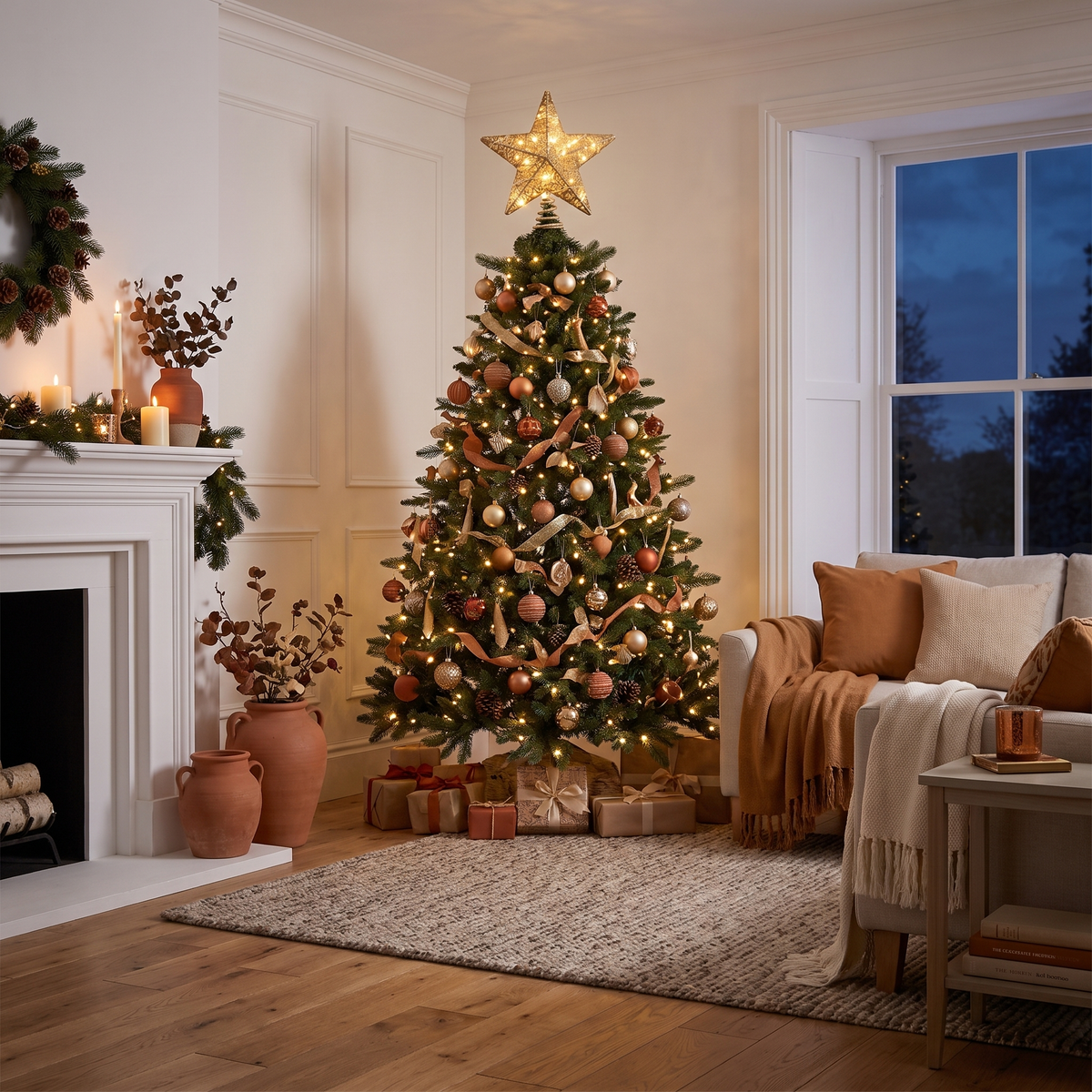 Gold Glitter 3D LED Star Christmas Tree Topper – 23cm, 20 LED – glowing in a styled living room at evening