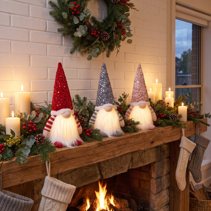Light-Up Christmas Gnome Decorations – 30cm, Set of 3 – glowing on a Christmas mantel