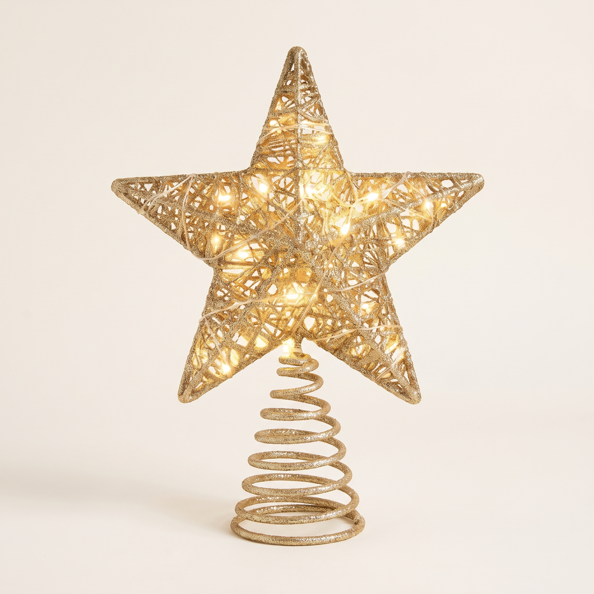 Gold Glitter 3D LED Star Christmas Tree Topper – 23cm, 20 LED – studio view