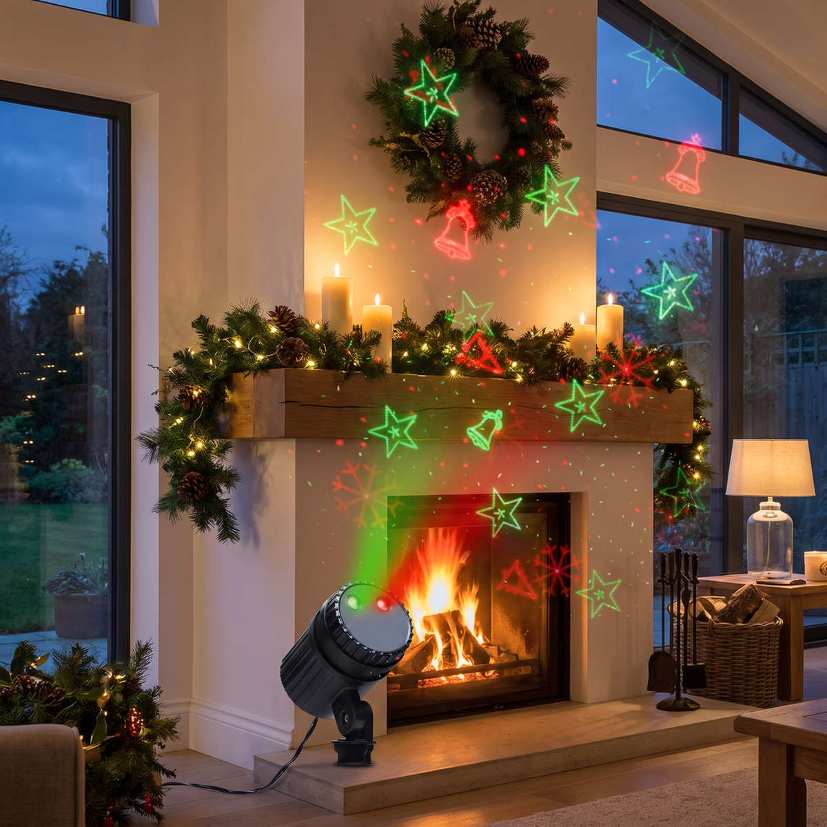 Red & Green Christmas Laser Light Projector – Remote Control – projecting across a Christmas mantel
