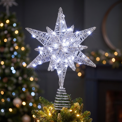 Silver 3D LED Star Christmas Tree Topper – 27cm, 60 LED – close-up of the silver star LEDs