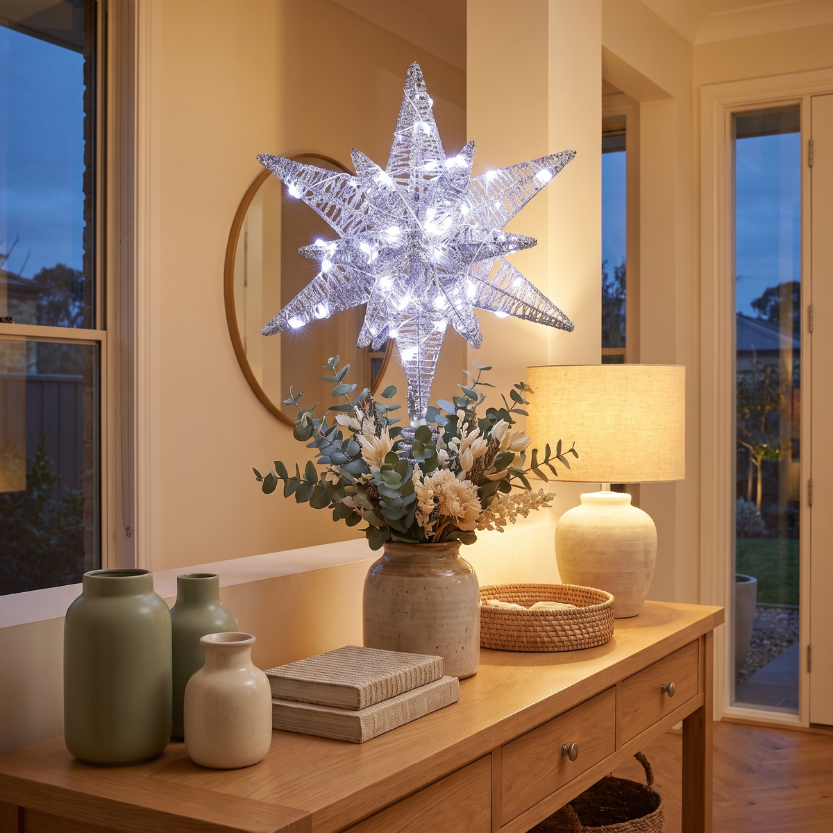 Silver 3D LED Star Christmas Tree Topper – 27cm, 60 LED – glowing in a styled entryway