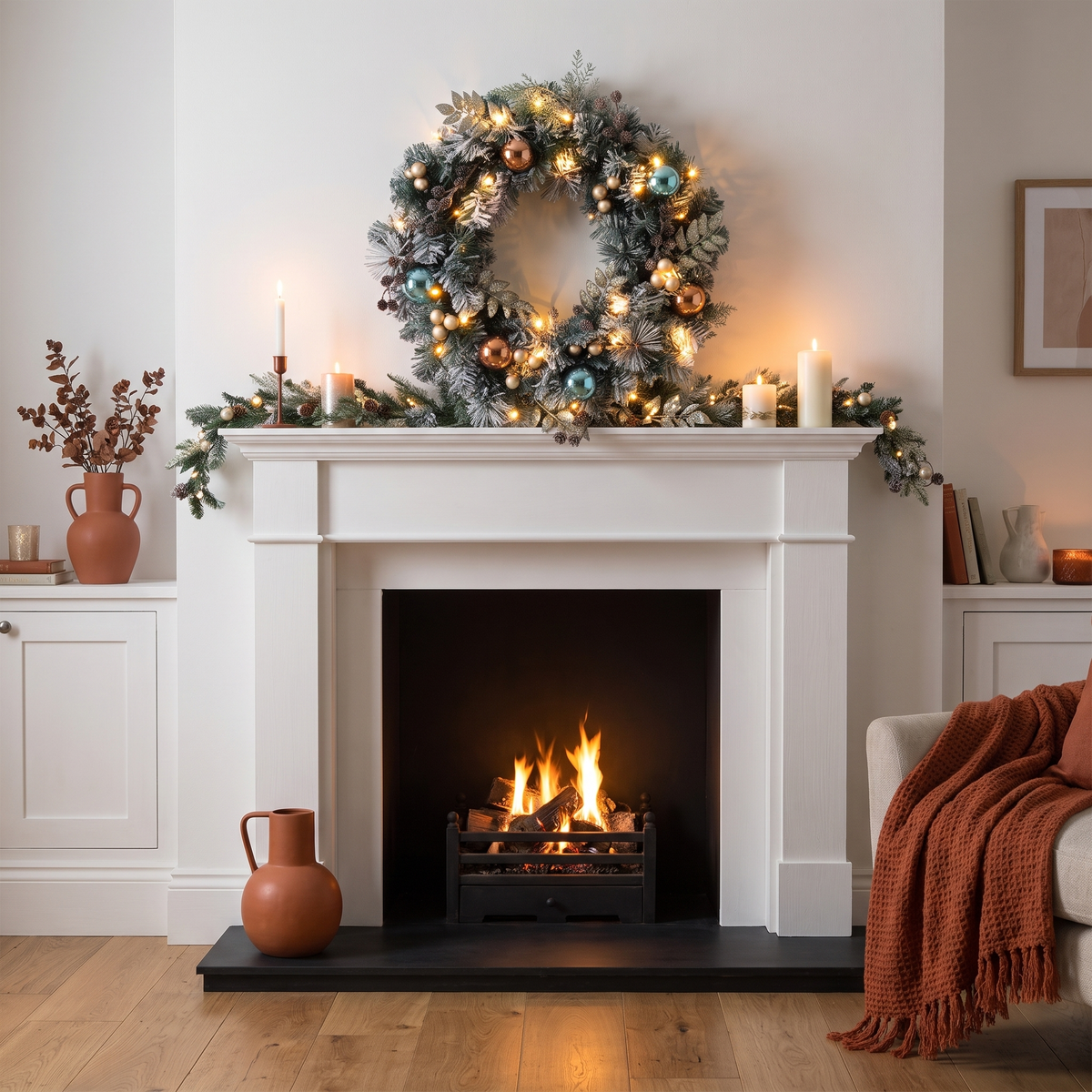 Snow-Frosted Pre-Lit Christmas Wreath – 60cm, 40 Warm White LED – glowing above a white mantelpiece in the evening