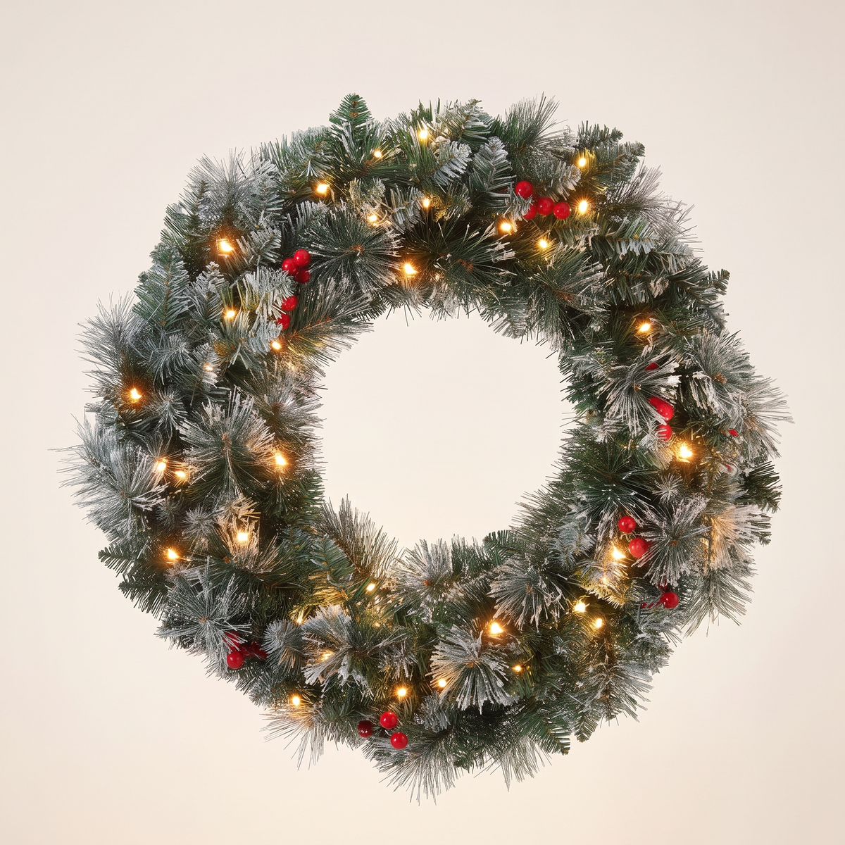 Snow-Frosted Red Berry Pre-Lit Christmas Wreath – 60cm, 50 LED – studio view