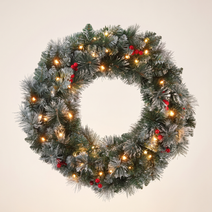 Snow-Frosted Red Berry Pre-Lit Christmas Wreath – 60cm, 50 LED – studio view