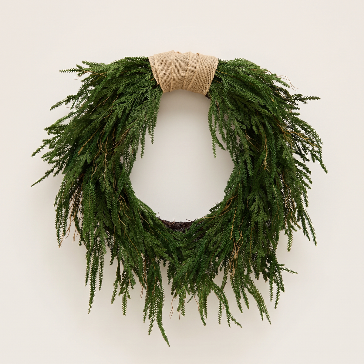 Faux Norfolk Pine Christmas Wreath with Jute Ribbon – 60cm – studio view