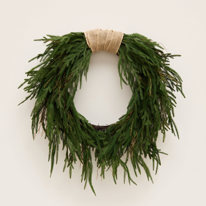 Faux Norfolk Pine Christmas Wreath with Jute Ribbon – 60cm – studio view