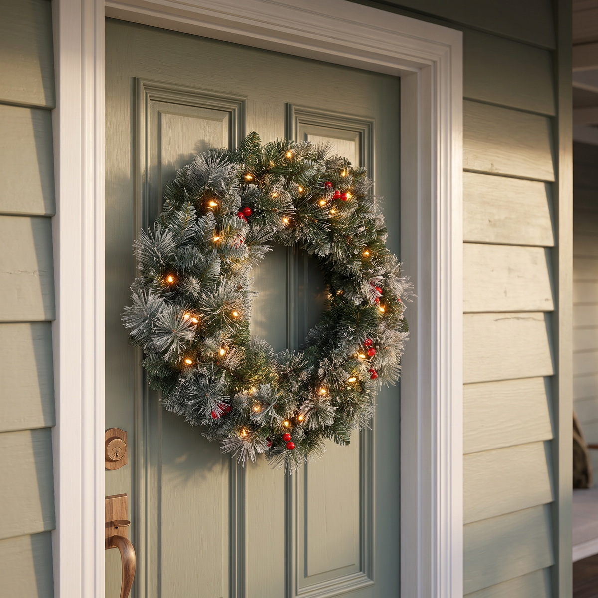 Snow-Frosted Red Berry Pre-Lit Christmas Wreath – 60cm, 50 LED – glowing on a sage-green front door in the evening