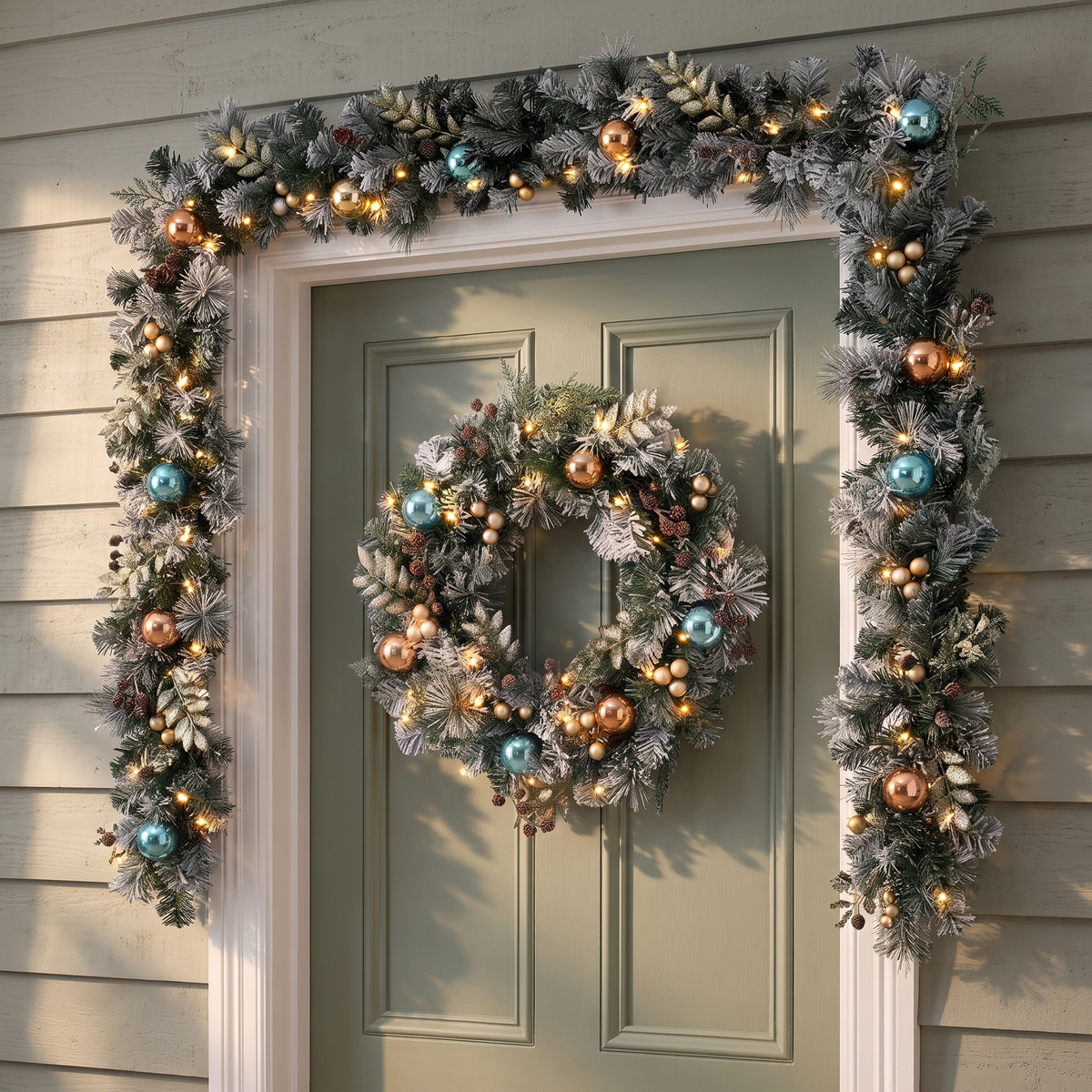 Snow-Flocked Pre-Lit Christmas Wreath & Garland Set – 60cm, 2.7m – glowing on a sage-green front door in the evening