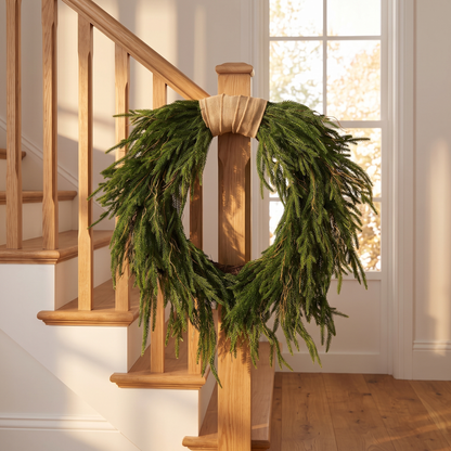 Faux Norfolk Pine Christmas Wreath with Jute Ribbon – 60cm – on a timber staircase banister