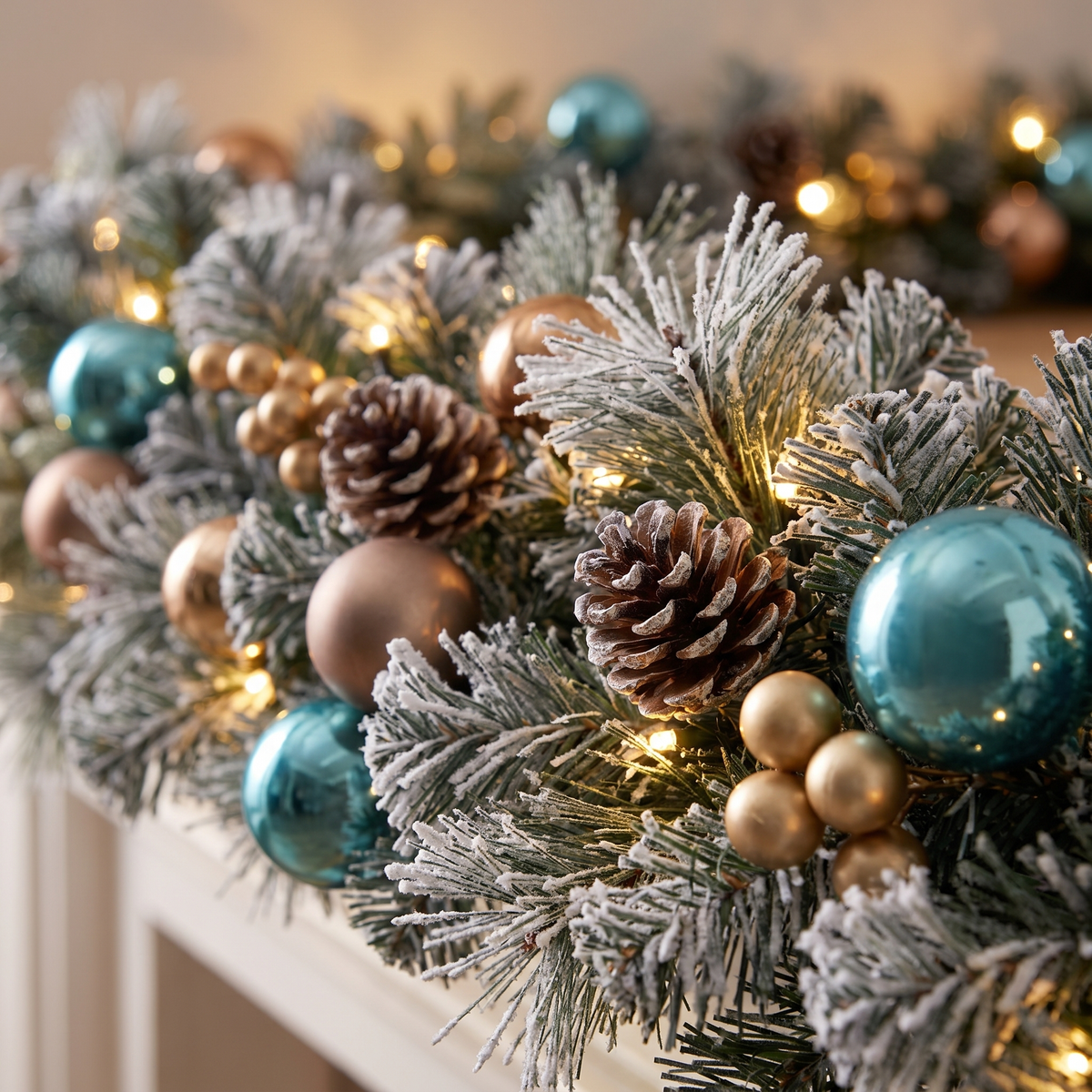Snow-Flocked Pre-Lit Christmas Wreath & Garland Set – 60cm, 2.7m – close-up of the foliage and LEDs