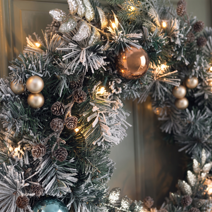 Snow-Frosted Pre-Lit Christmas Wreath – 60cm, 40 Warm White LED – close-up of the foliage and LEDs