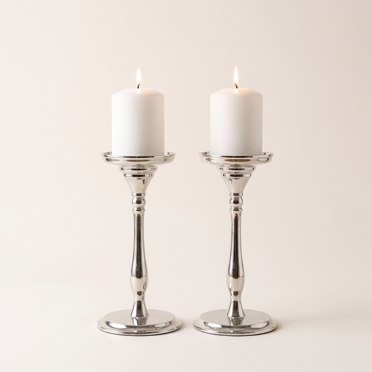 Polished Silver Pillar Candle Holder – Small, 17cm – studio view