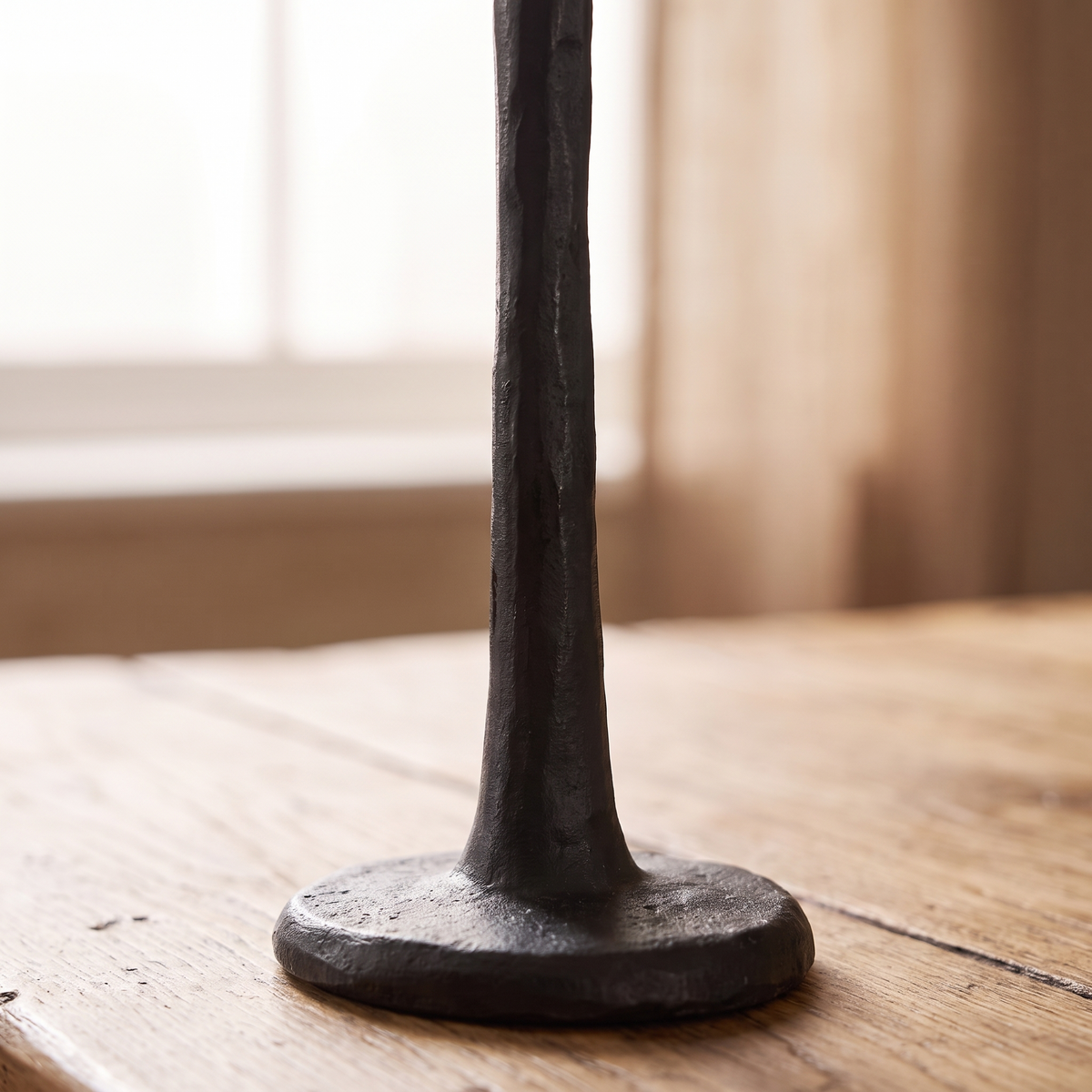 Matte Black Forged Iron Taper Candle Holder – Small, 24cm – close-up of the forged iron finish