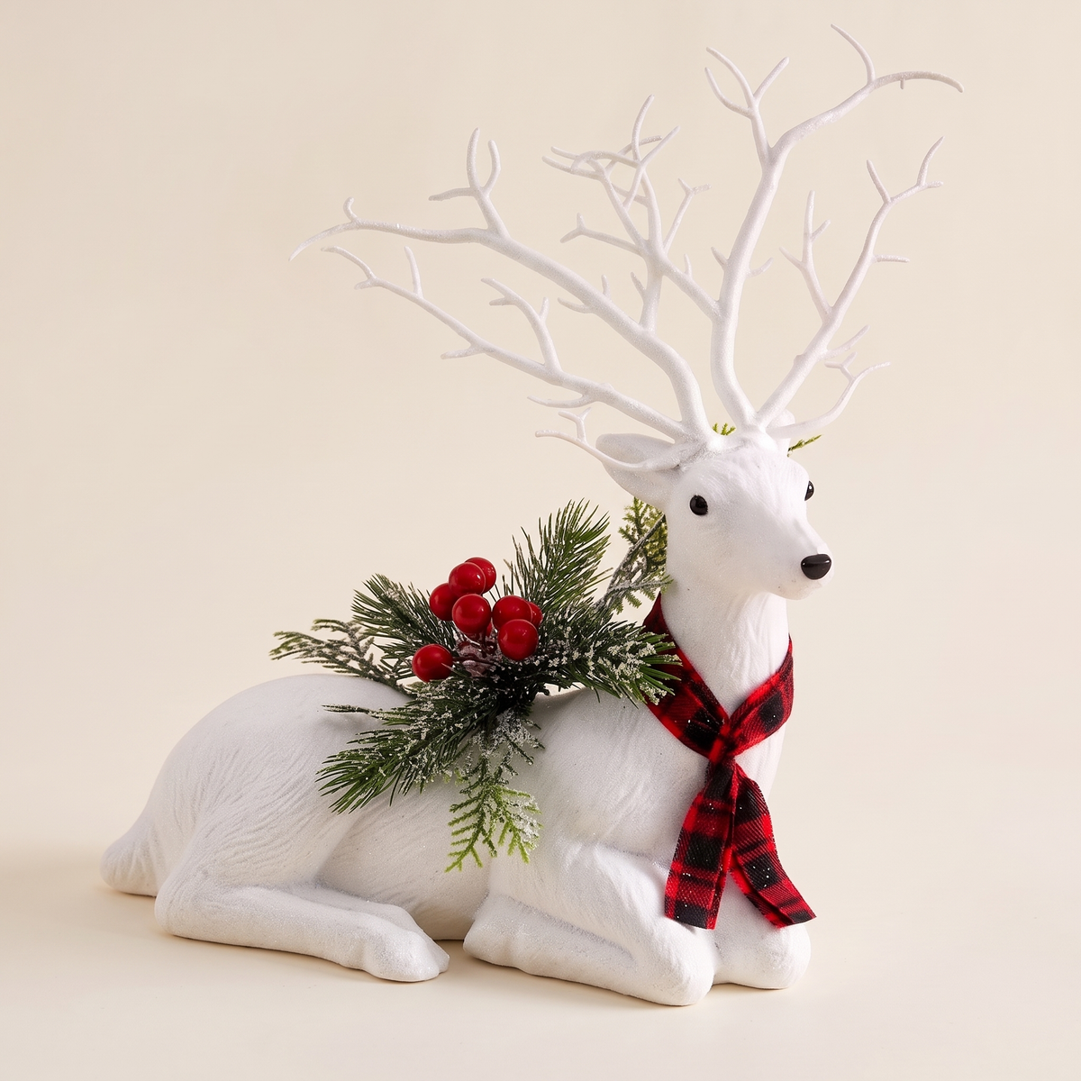 White Glitter Resting Reindeer Christmas Decoration – 32cm – studio view