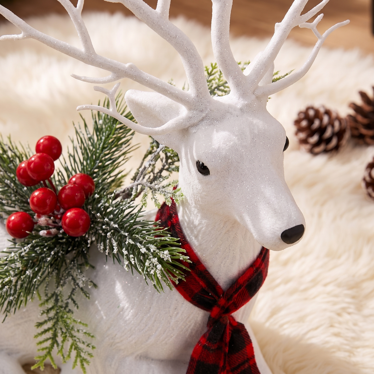 White Glitter Resting Reindeer Christmas Decoration – 32cm – close-up of the glitter and tartan scarf