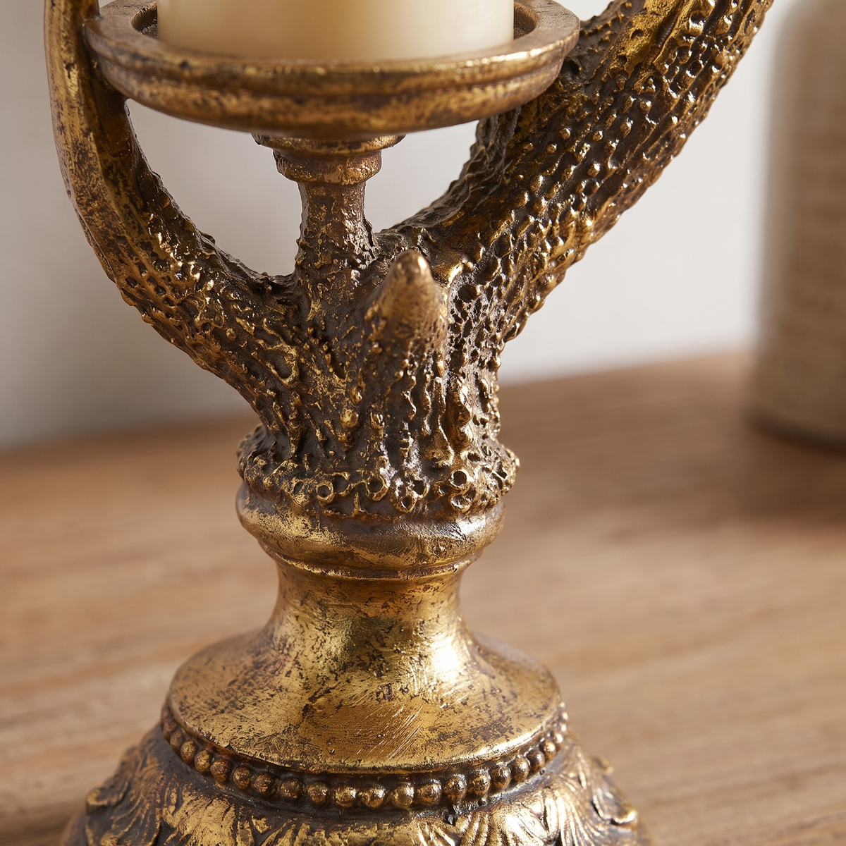 Antique Gold Stag Antler Pillar Candle Holder – 42cm – close-up of the antique gold antler detail