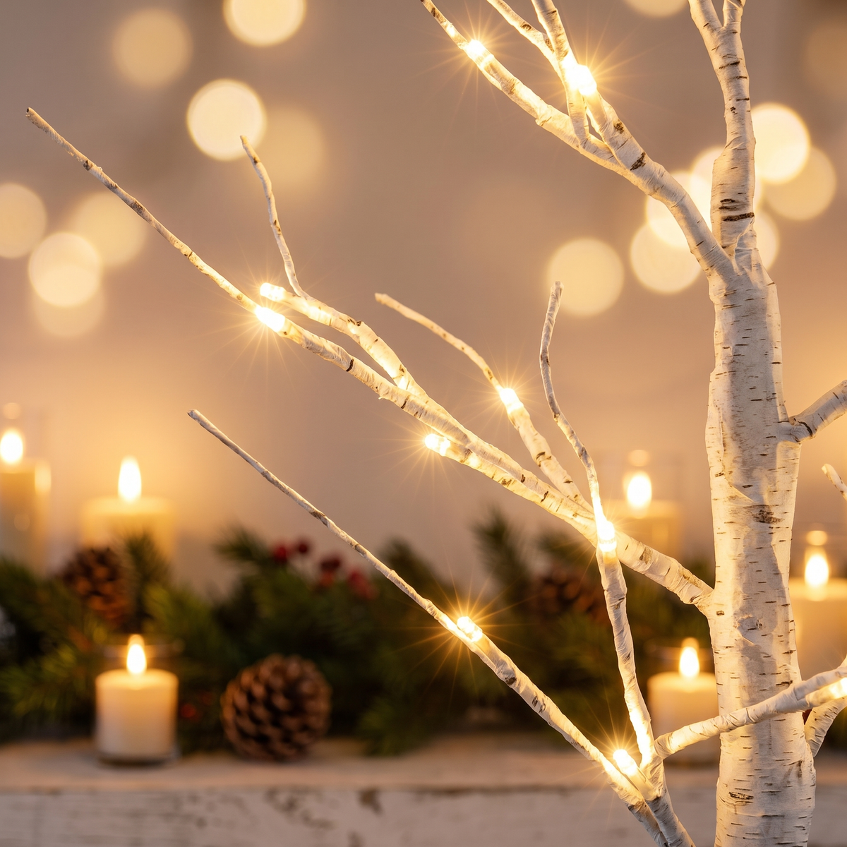 Warm White Pre-Lit Twig Christmas Tree Set – 60cm, Set of 2 – close-up of the branch tips and LEDs