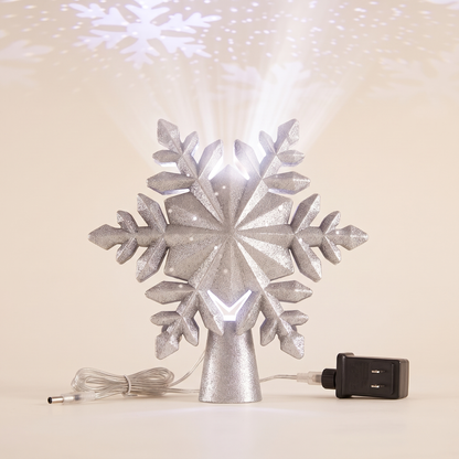 Silver Snowflake Projector Christmas Tree Topper – 23cm – studio view