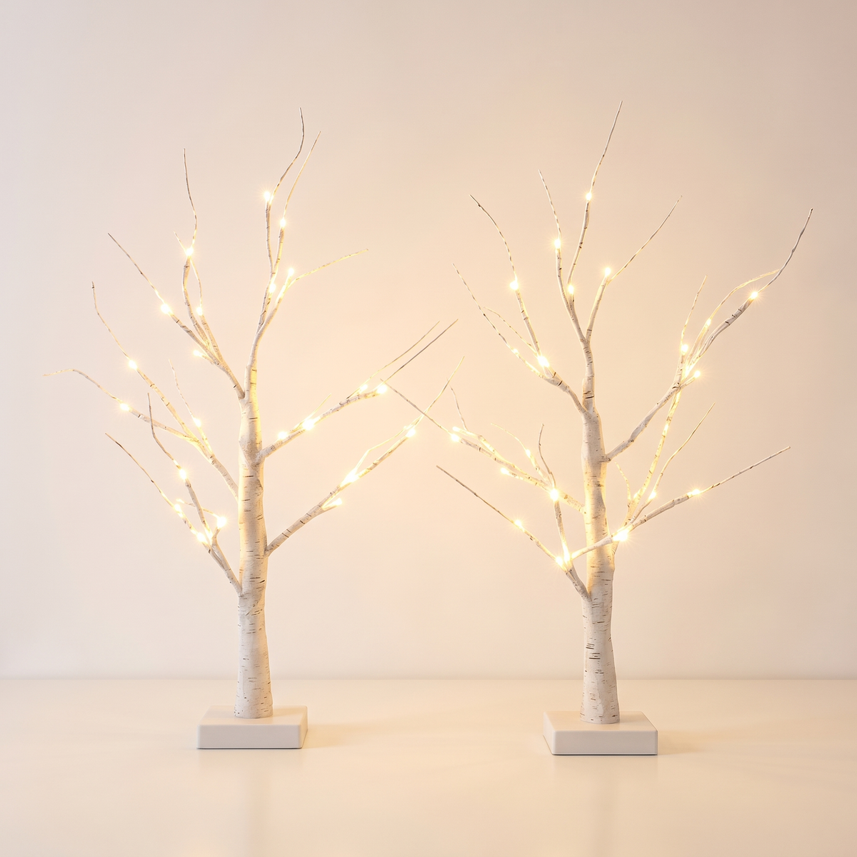 Warm White Pre-Lit Twig Christmas Tree Set – 60cm, Set of 2 – studio view of both trees