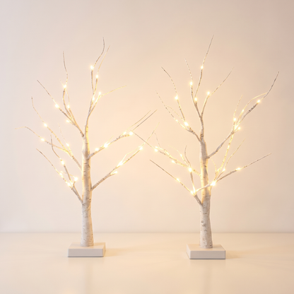 Warm White Pre-Lit Twig Christmas Tree Set – 60cm, Set of 2 – studio view of both trees