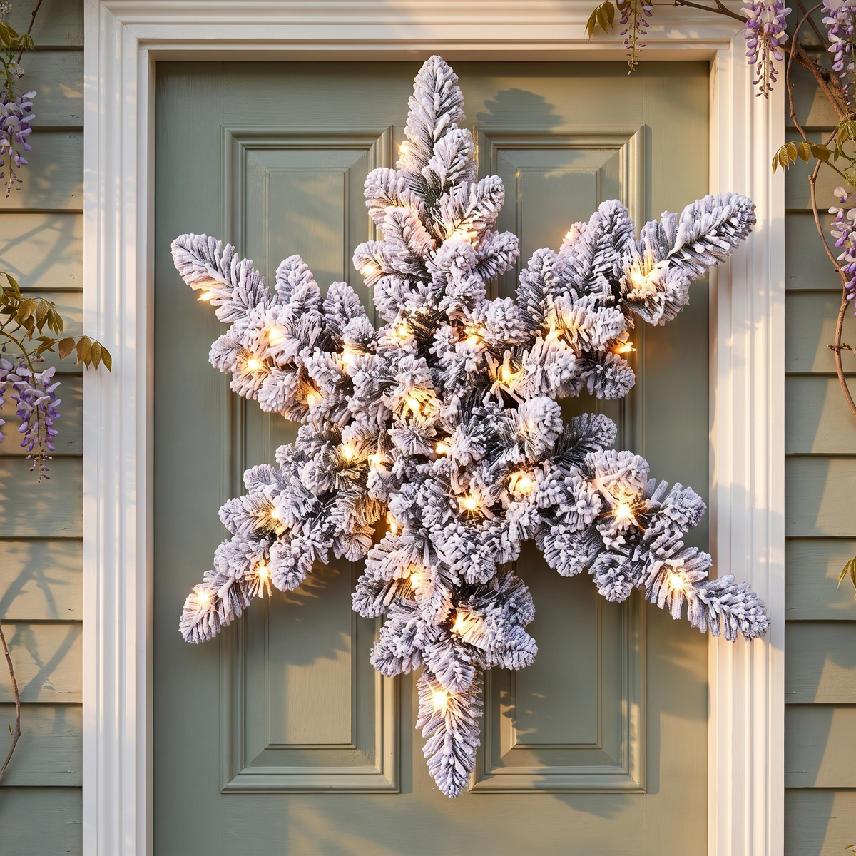 Pre-Lit Snow-Flocked Star Christmas Wreath – 60cm, 40 LED – hanging on a sage-green front door