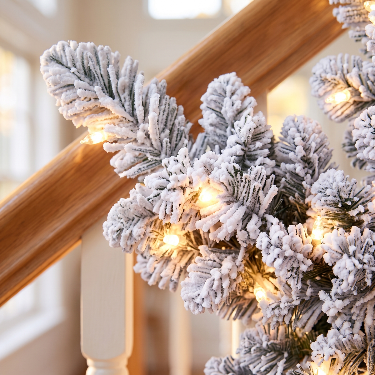 Pre-Lit Snow-Flocked Star Christmas Wreath – 60cm, 40 LED – close-up of the snow-flocked tips and LEDs