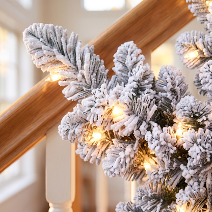 Pre-Lit Snow-Flocked Star Christmas Wreath – 60cm, 40 LED – close-up of the snow-flocked tips and LEDs