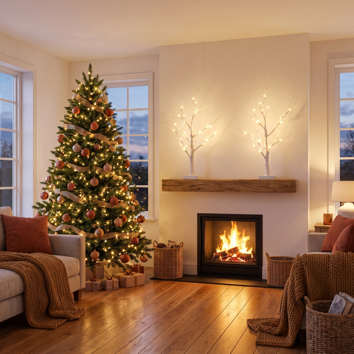 Warm White Pre-Lit Twig Christmas Tree Set – 60cm, Set of 2 – glowing in a styled living room at evening