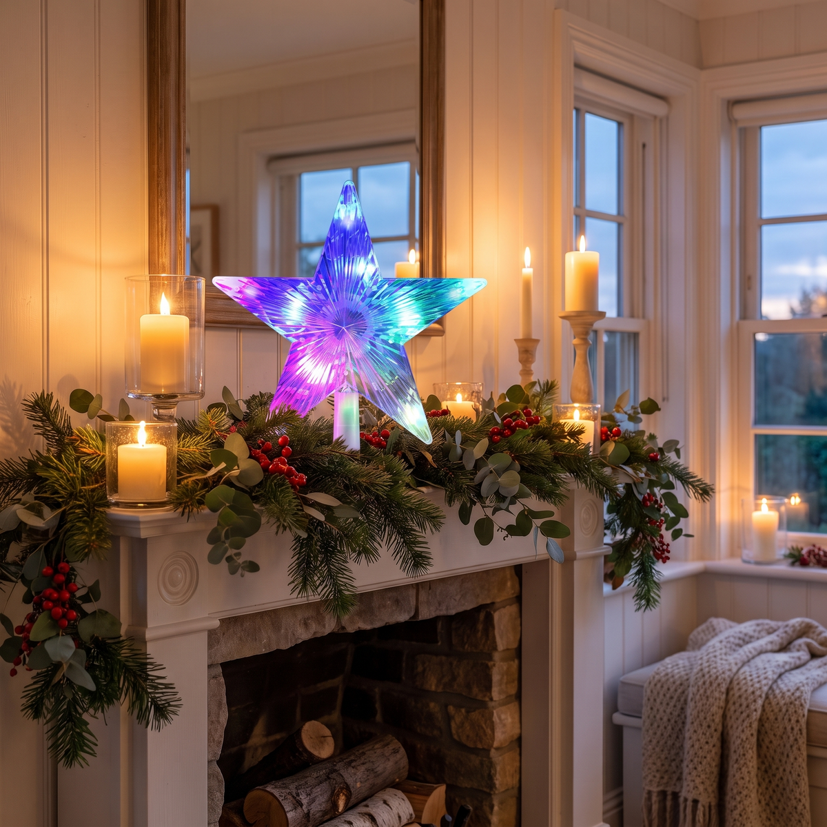 RGB Crystal LED Star Christmas Tree Topper – 23cm, App Control – glowing on a Christmas mantel