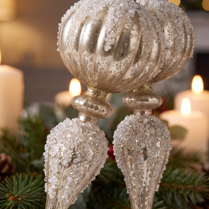 Champagne Gold Glass Finial Christmas Baubles – Set of 2 – close-up of the finish and texture
