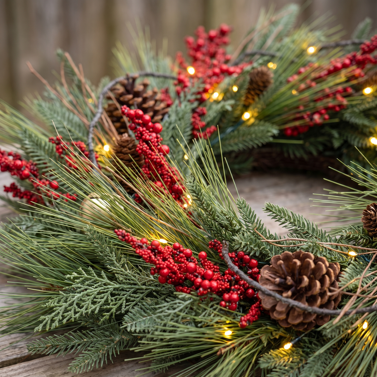 Classic Red Berry Pre-Lit Christmas Wreath – 70cm, 6-Hour Timer – close-up of the foliage and LEDs
