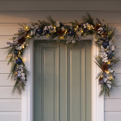 Blue Berry & Silver Pre-Lit Christmas Garland – 180cm, 35 LED – glowing on a sage-green front door in the evening