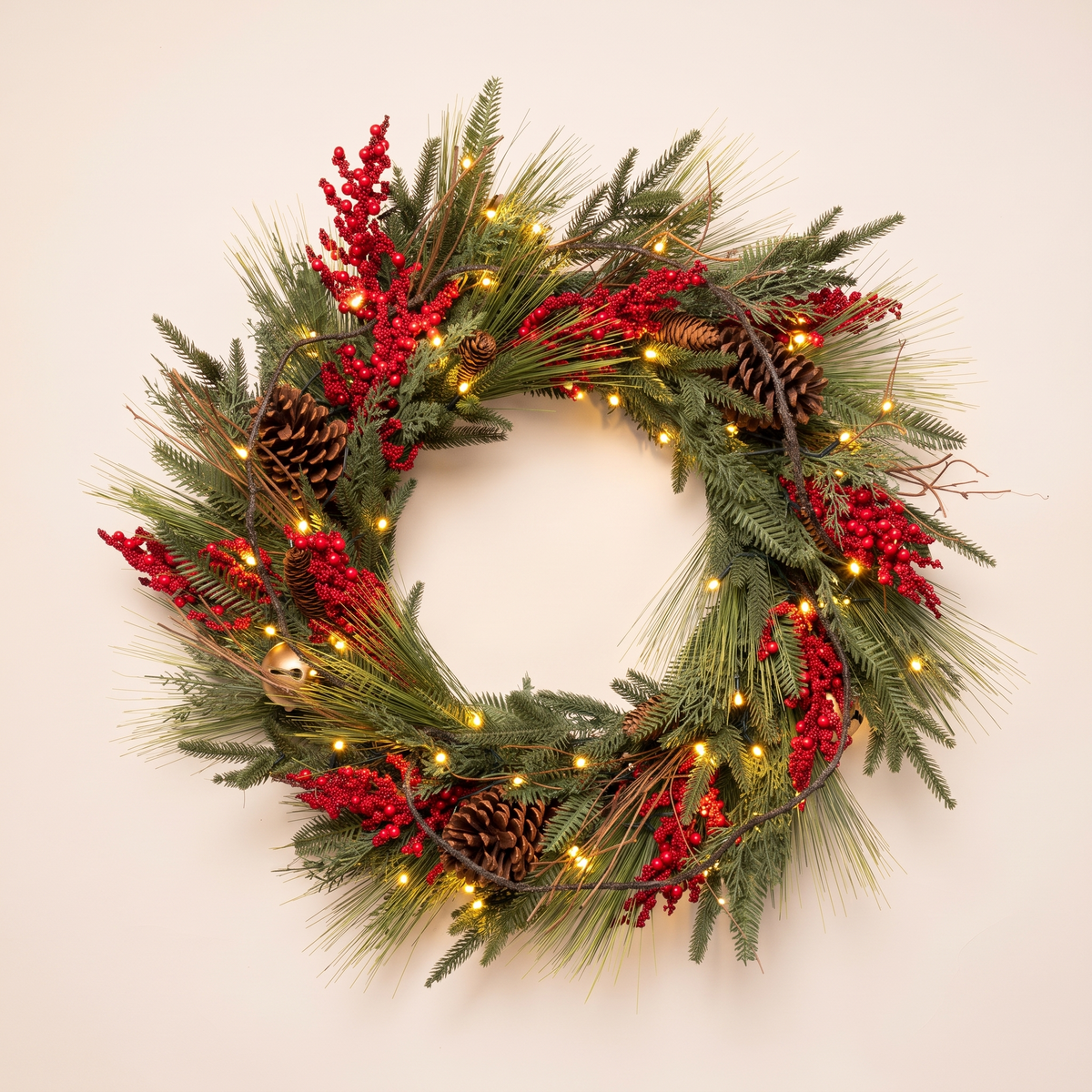 Classic Red Berry Pre-Lit Christmas Wreath – 70cm, 6-Hour Timer – studio view
