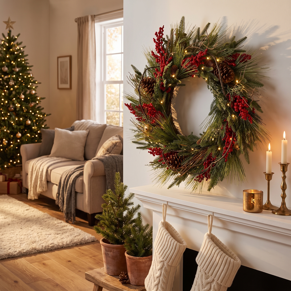 Classic Red Berry Pre-Lit Christmas Wreath – 70cm, 6-Hour Timer – glowing above a white mantelpiece in the evening