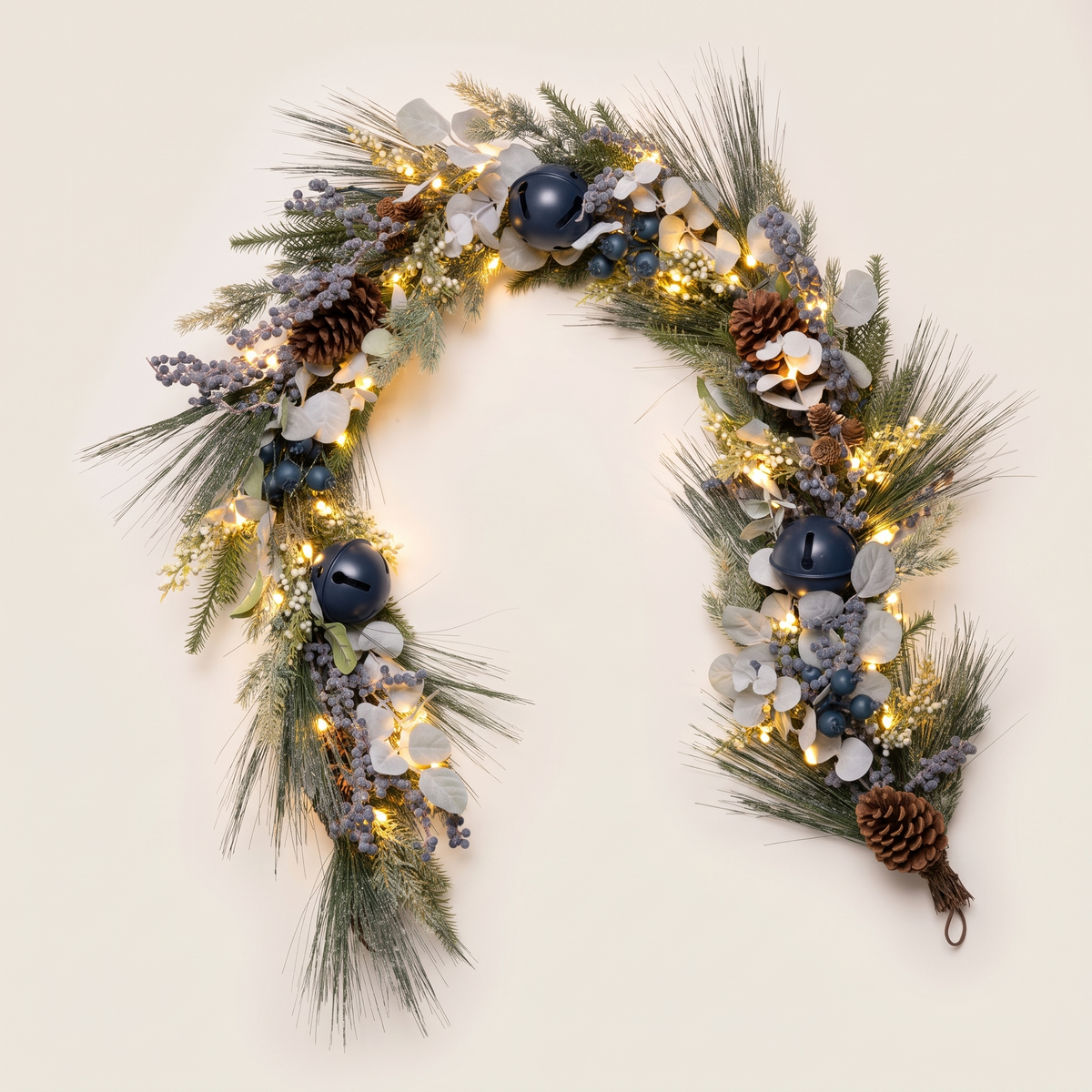 Blue Berry & Silver Pre-Lit Christmas Garland – 180cm, 35 LED – studio view