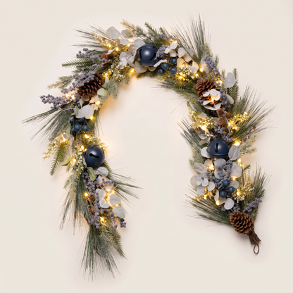 Blue Berry & Silver Pre-Lit Christmas Garland – 180cm, 35 LED – studio view
